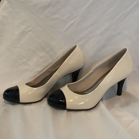 White and black low height heels